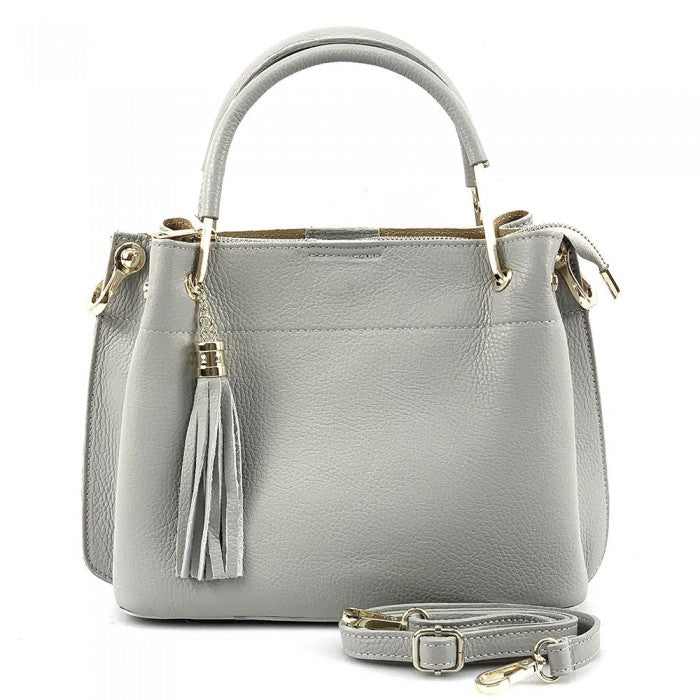 Lorena Grey Leather Handbag with Gold Hardware