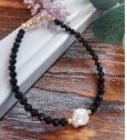 Obsidian with Freshwater Pearl bracelet