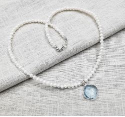 Sterling silver Pearl Necklace with Blue Topaz Clover Pendant