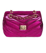 Load image into Gallery viewer, Fuchsia Metallic Handbag with Gold Chain and Clasp Detail
