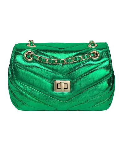 Green Metallic Handbag with Gold Chain and Gold Clasp Detail