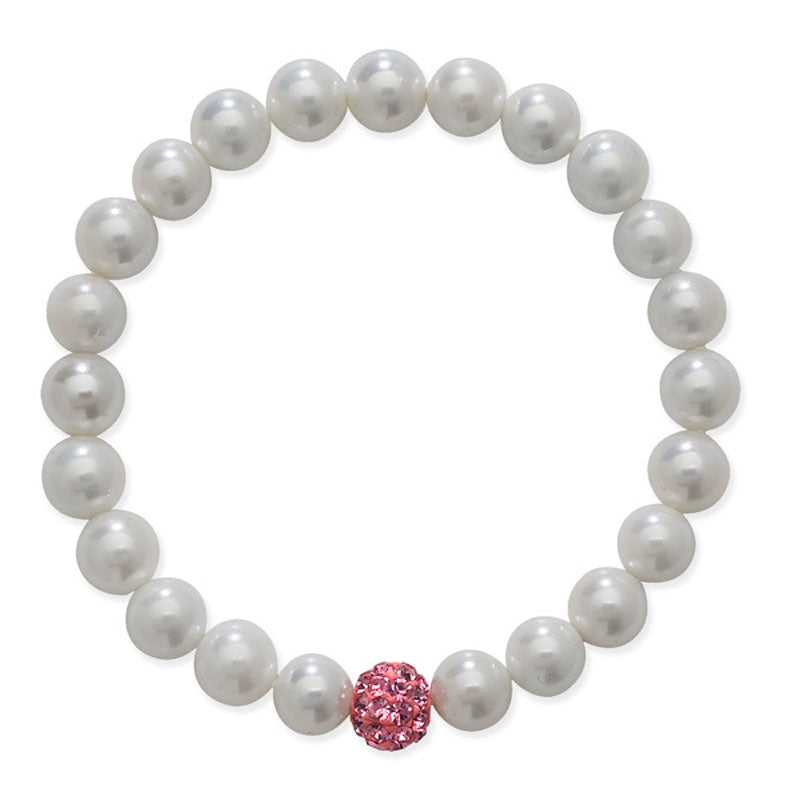 Holy Communion White Pearl Bracelet with Pink Crystal