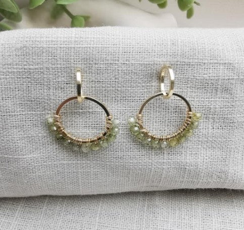 Mini Wire Wrapped Green Crystal Hoop Earrings