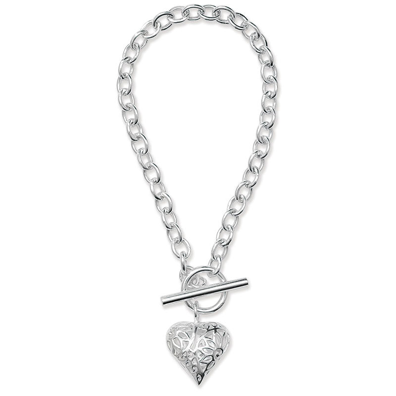 Sterling Silver T-bar Link Bracelet with Open Heart Charm