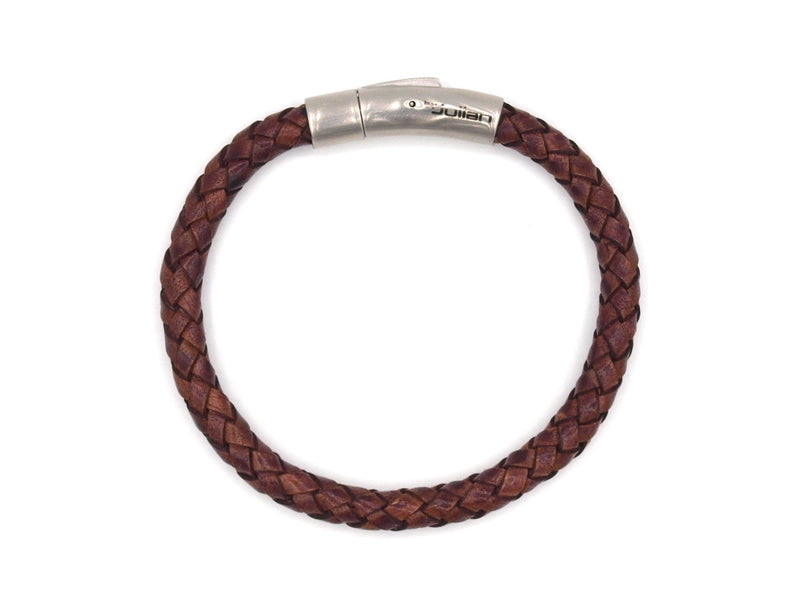 'by Julian' Mens Braided Auburn Brown Leather Kepang Bracelet (Medium)