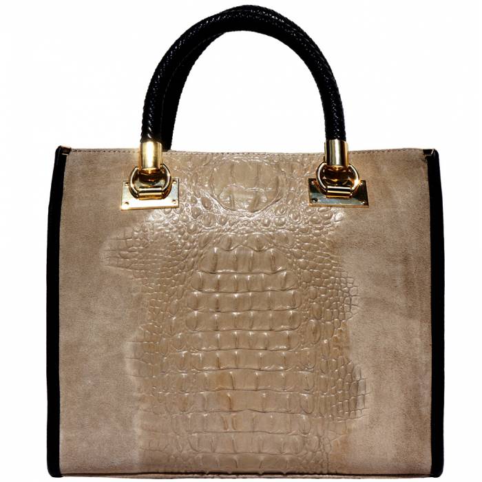 Crocodile Print Calfskin Taupe Leather Tote Bag