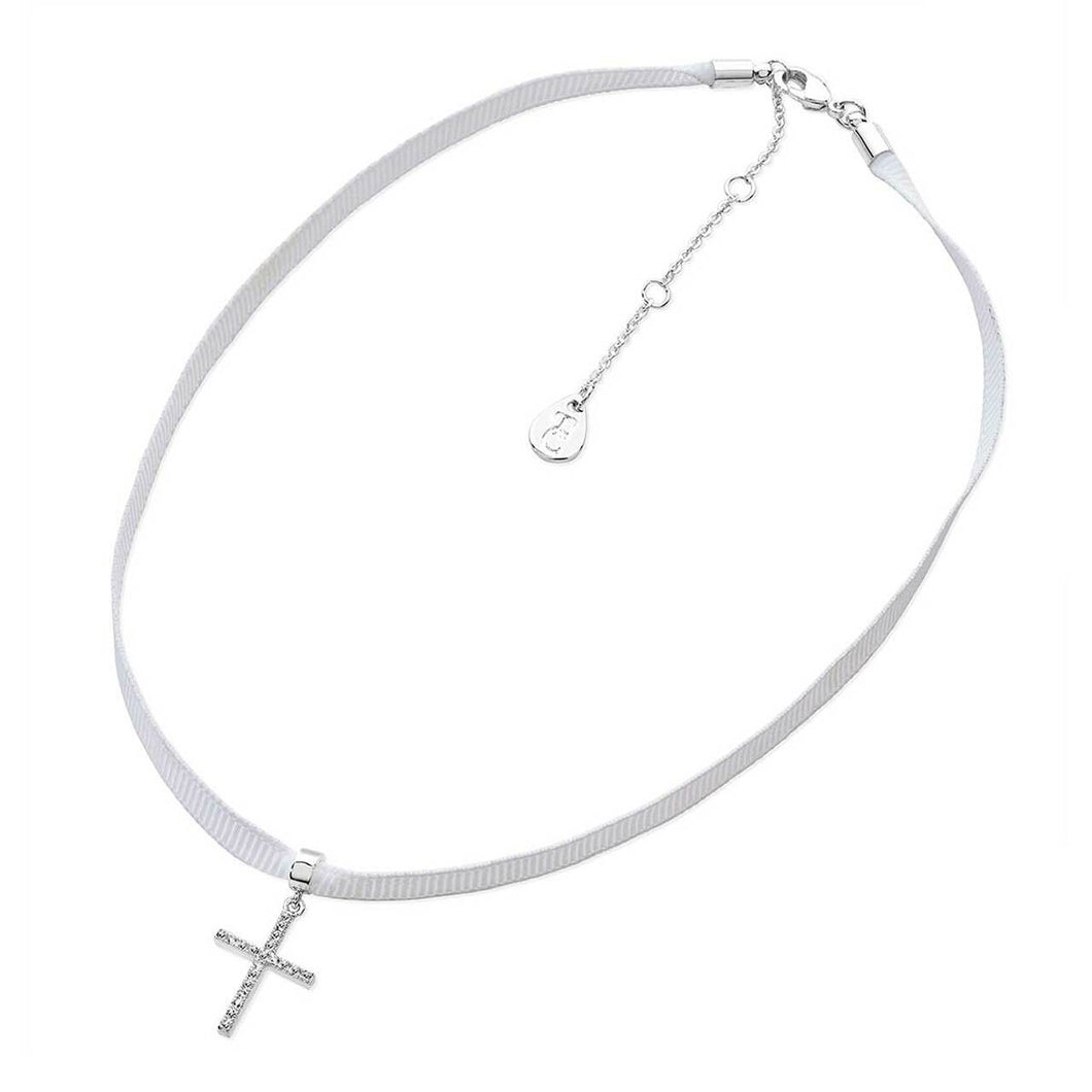 Tipperary Crystal White ribbon choker with CZ cross pendant