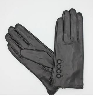 Women's Fleece Lined Leather Gloves With Button Detail - Black