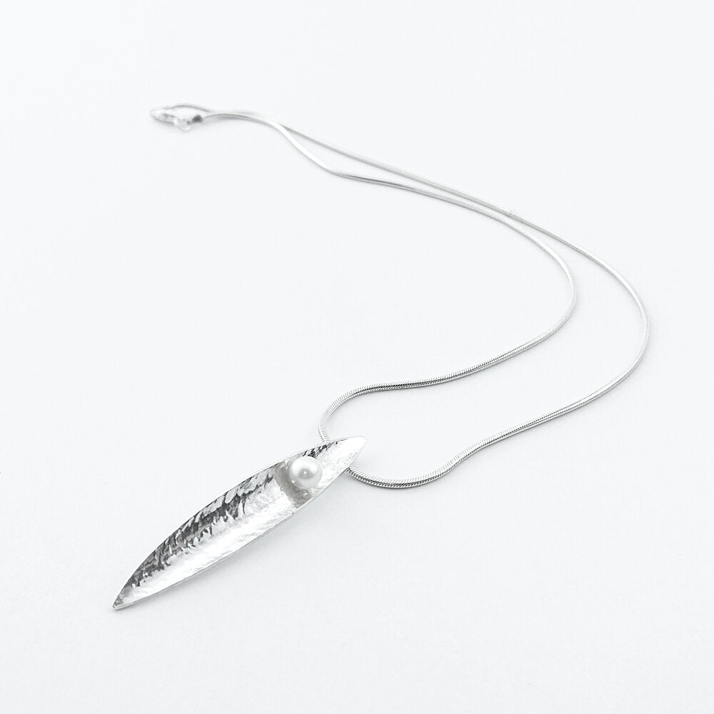 Leaf and Pearl | Sterling Silver Designer Pendant with Pearl | Tall
