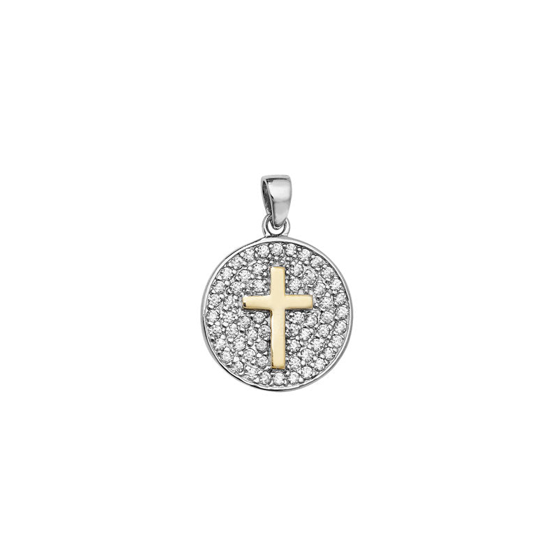 Sterling Silver Cubic Zircona Disc with Cross on 16inch Sterling Silver Chain