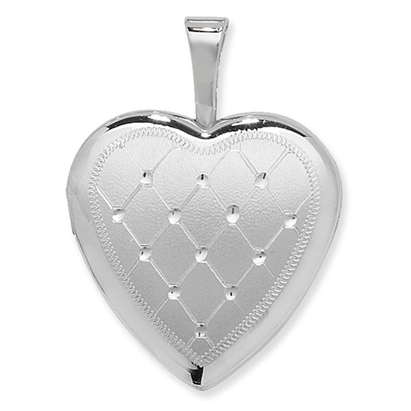 Sterling Silver 16mm Quilted Heart Locket on 16inch Sterling Silver Chain
